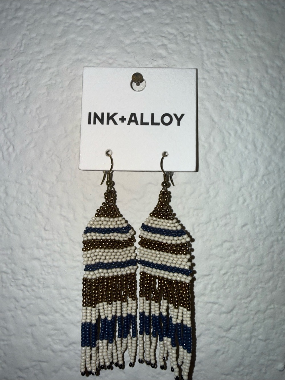 INK + ALLOY Navy Ivory Gold Seed Bead Fringe Earrings